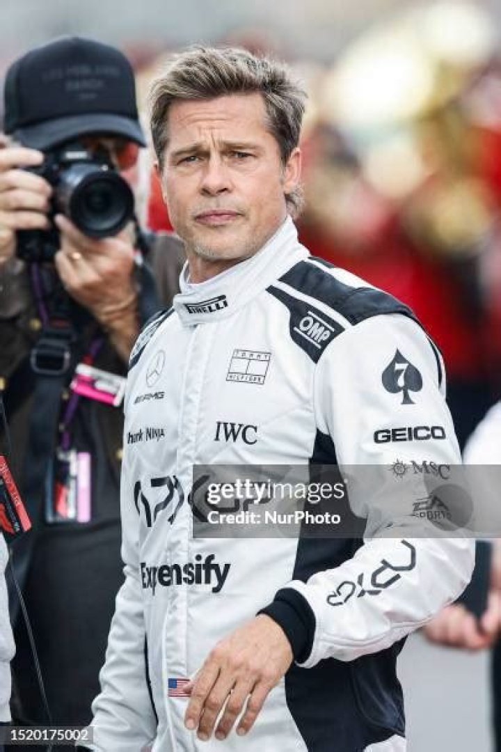 Brad Pitt, representing the fictional driver Sonny Hayes, Apex APXGP, portrait during the Formula 1 Aramco British Grand Prix from 6th to 9th July of 2023. On the Silverstone Circuit, in Silverstone, United Kingdom. Formula 1 Aramco British Grand Prix 2023, Silverstone, United Kingdom - 09 Jul 2023