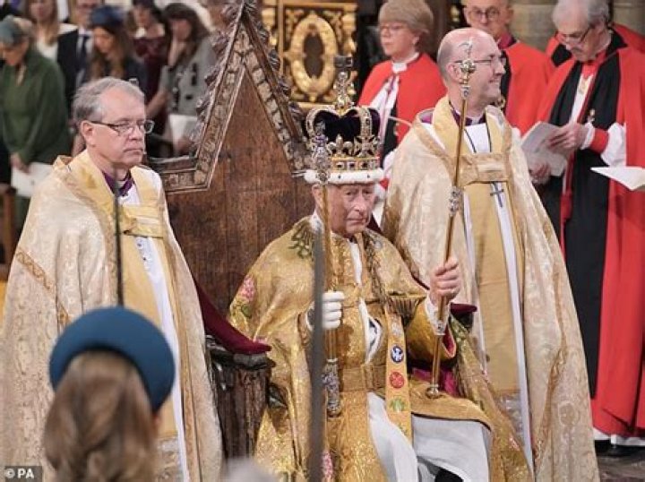 King Charles III is crowned with St Edward's Crown by The Archbishop of Canterbury the Most Reverend Justin Welby during his coronation ceremony in Westminster AbbeyThe Coronation of King Charles III, London, UK - 06 May 2023