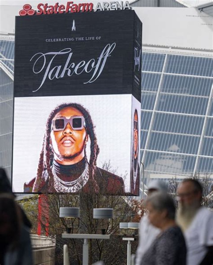 Signage memorializes the rapper Takeoff as his funeral is held at State Farm Arena in Atlanta, Georgia on November 11th, 2022. Takeoff Celebration of Life, State Farm Arena, Atlanta, Georgia, USA - 11 Nov 2022